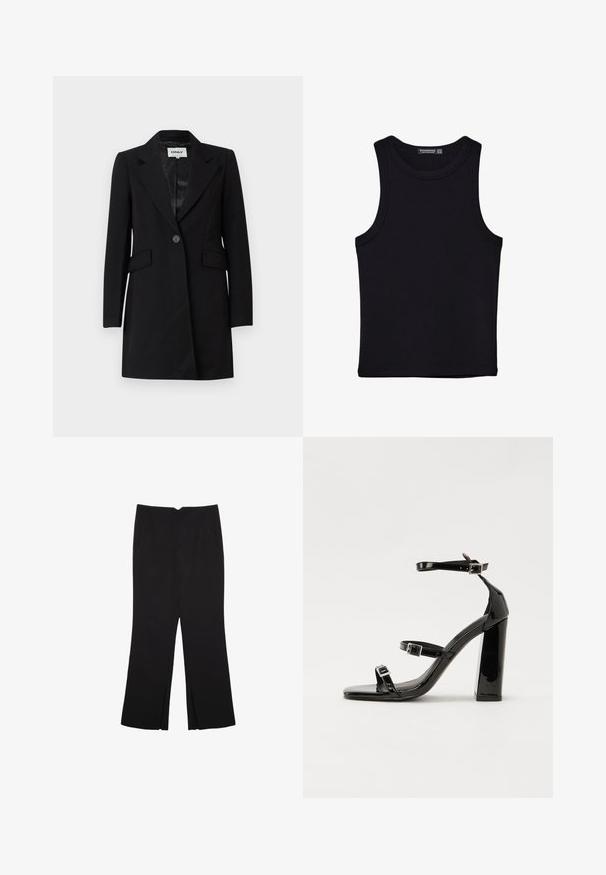 ONLY ONLCATHY LONG COAT - Klasičan kaput - black; Crni top bez rukava od pamuka, s okruglim izrezom i širokim izrezima za ruke. Glatka tekstura s ušivenim rubovima. Klasičan, minimalistički dizajn.; Crne hlače ravnog kroja, s prednjim džepovima i bočnim prorezima na rubu. Izrađene od mekog i glatkog materijala. Pogodne za razne prigode.; Crne lakirane sandale na pete sa kvadratnim nosom, trakama oko gležnja i srebrnim kopčama. Imaju čvrst blok petu za stabilnost.