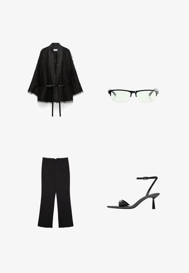 Zwarte textuur open voor kimono-jack met brede satijnen kraag en een vastzittende tailleband, losse pasvorm en driekwart mouwen.; Bruine, hoge hals ééndelige zwempak met dunne, verstelbare schouderbandjes; beschikt over een hoge beenuitsnijding en een gladde textuur. Geen patronen of versieringen.; Zwarte broek met een rechte pasvorm, voorzien van zijzakken en plooien aan de onderzijde. Gemaakt van zachte, gladde stof. Geschikt voor verschillende gelegenheden.; Bershka Sandalen met hoge hak - black; Zwarte rechthoekige bril met heldere glazen, uitgerust met slanke zwarte monturen en grijs transparante pootjes. Minimalistisch ontwerp, geen zichtbare merknaam.
