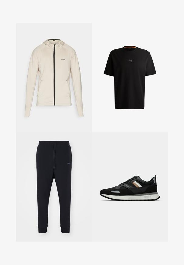 BOSS SICON ACTIVE - Træningsjakke - open beige; Sort bomulds t-shirt med rund halsudskæring, korte ærmer og hvid "BOSS" logo centreret på brystet. Glat tekstur, afslappet pasform.; Sorte sweatpants lavet af blødt materiale med elastisk talje, snoretræk og tapered ben. Har et lille logo på siden.; Sort løbesko med en tekstureret overflade, lysegrå accenter og tre vandrette striber i brun. Har en hvid polstret sål.