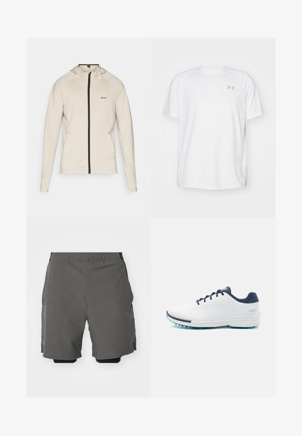 BOSS SICON ACTIVE - Trainingsvest - open beige; Witte sportieve T-shirt met korte mouwen, gemaakt van gladde stof. Heeft een ronde hals en een grijs logo op de linkerkant van de borst, met zijsplitten aan de zoom.; Grijze sportshorts van een gladde, lichte stof met een elastische tailleband, voorzien van binnenste compressieshorts en zijzakken.; Witte sportieve schoenen met een gladde synthetische bovenkant, blauwe accenten, een gestructureerde marineblauwe hak en een lichtgewicht, met spikes uitgeruste zool voor grip.