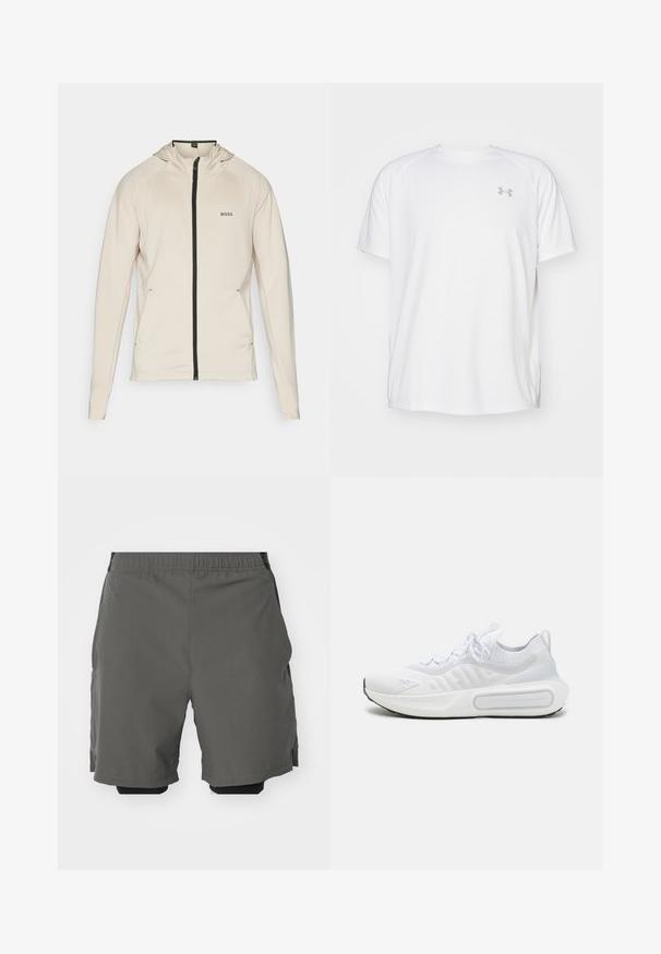 BOSS SICON ACTIVE - Training jacket - open beige; White short-sleeve athletic shirt made of smooth fabric. Features a crew neck and gray logo on the left chest, with side slits at the hem.; Gray athletic shorts with a smooth, lightweight fabric and an elastic waistband, featuring inner compression shorts and side pockets.; White athletic shoe with a textured knit upper, lace-up closure, cushioned sole, and a distinctive branding detail on the side.