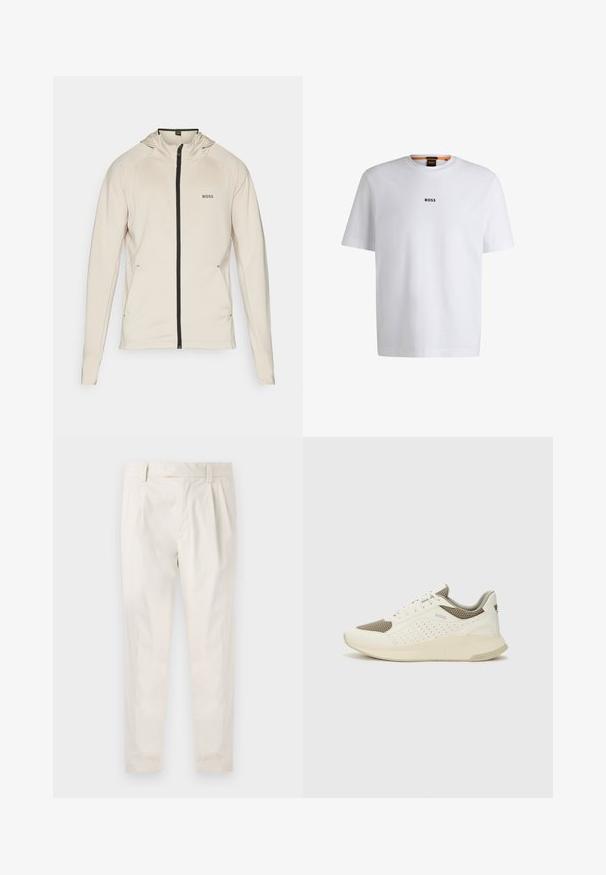BOSS SICON ACTIVE - Training jacket - open beige; White cotton T-shirt with short sleeves, featuring a black "BOSS" logo centered on the chest and a round neck design.; White, pleated trousers with a tailored fit, featuring a smooth texture, belt loops, and tapered legs. No visible pockets or patterns.; White and light beige athletic sneaker, featuring a mesh upper, perforated detailing, and a textured midsole with branding on the heel.
