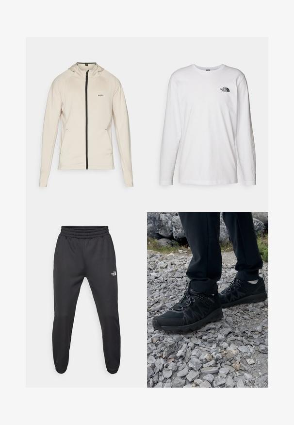 BOSS SICON ACTIVE - Treningsjakke - open beige; Hvit langermet T-skjorte laget av bomull med rund hals. Har en liten svart logo på brystet. Glatt tekstur, vanlig passform.; Sorte joggebukser med snor i livet, tettsittende passform, elastiske mansjetter og en liten hvit logo på venstre lår, laget av glatt materiale.; Sorte utendørssko i svart med mesh og syntetisk materiale, med en teksturert overdel, sikret snøresystem og en robust såle, på steinete terreng.
