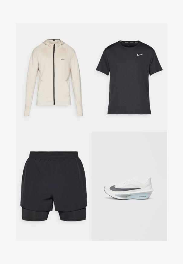 BOSS SICON ACTIVE - Trainingsjacke - open beige; Schwarzes Nike Lauft-Shirt aus leichtem, atmungsaktivem Material, mit kurzen Ärmeln und einem kleinen weißen Logo auf der Brust.; Schwarze Sportshorts mit elastischem Bund, geschichtetem Design und passendem Innenfutter. Glatte Textur, für Komfort ausgelegt.; Weißer Sportschuh mit einem grauen Mesh-Obermaterial, einer blauen ZoomX-Schaumzwischensohle und einer gewölbten Außensohle für verbesserte Antrieb und Komfort.