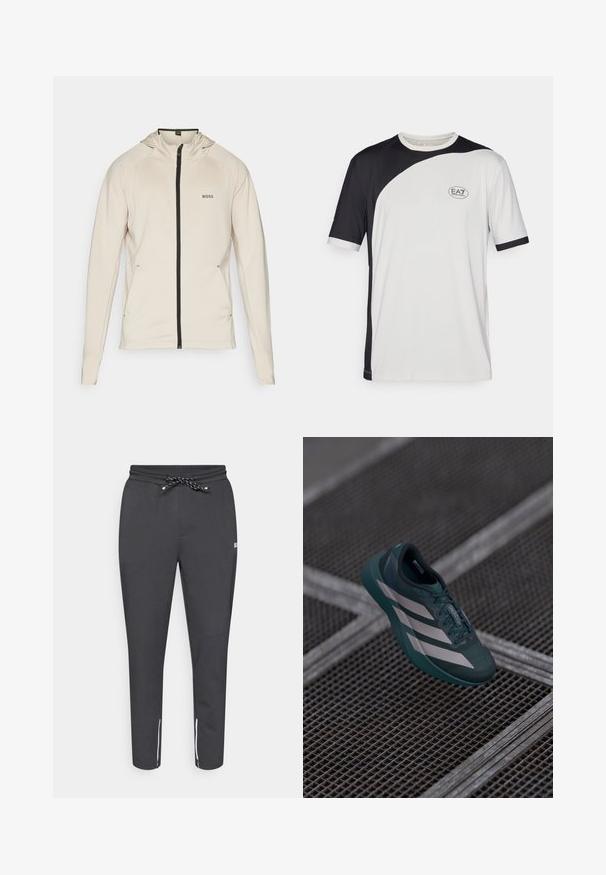 BOSS SICON ACTIVE - Tréning dzseki - open beige; Rövid ujjú póló fekete-fehér színblokkoló dizájnnal, könnyű anyagból készült. Az elején EA7 logó található.; Fekete, szűkített szabású tréningnadrágok, zsinóros derékkal, oldalsó cipzáras zsebekkel, és fehér díszítéssel a bokán. Sima, rugalmas anyagból készült.; Sötét teal színű sportcipő texturált felsőrésszel, három fehér csíkkal, lekerekített orral és párnázott talppal.