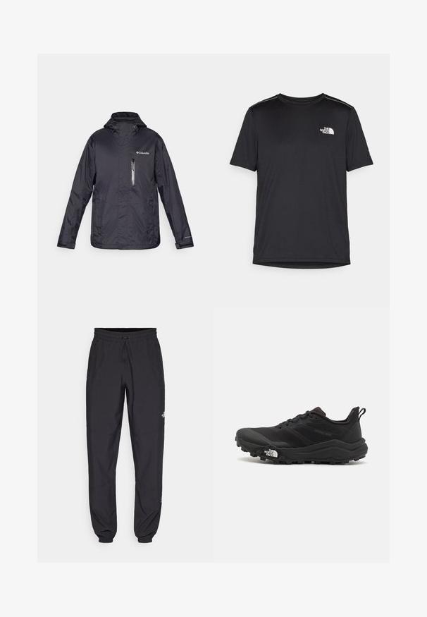 Veste imperméable légère noire avec capuche, poche poitrine zippée et logo Columbia sur le côté gauche supérieur. Texture de tissu lisse et durable.; T-shirt noir à manches courtes en tissu léger. Présente un petit logo blanc sur la poitrine gauche et des accents subtils aux épaules.; Pantalon de sport noir en tissu léger, avec une taille à cordon, des poches latérales et des chevilles resserrées.; Chaussure de trail running noire avec une tige texturée, semelle en caoutchouc et bout renforcé. Présente un col rembourré et une tirette pour un enfilage facile.