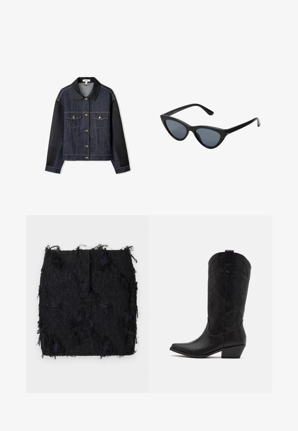 Chaqueta de mezclilla con mangas de tela negra, dos bolsillos frontales, botones dorados y un cuello negro. Presenta un lavado oscuro y costuras en contraste.; Dos tops sin mangas de canalé y cuello alto en marrón y negro, exhibidos sobre un fondo blanco liso.; Falda negra texturizada con un diseño de flecos en capas y un dobladillo ligeramente irregular, hecha de una tela ligera.; Bota de cowboy de cuero negro con puntera puntiaguda, tacón bajo y apilado, y un intrincado patrón de hojas grabado en el eje. Asa en la parte superior para facilitar el uso.; Gafas de sol negras en forma de ojo de gato con lentes gris oscuro, marco de plástico elegante, esquinas puntiagudas y patillas rectas. Sin herrajes ni acentos visibles.; Bolso de mano de cuero burdeos con forma curva, acentos dorados en el herraje y cierre con cremallera. Incluye una correa de hombro desmontable.