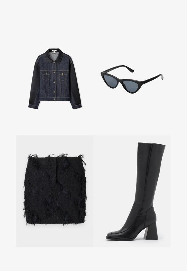 Jeansjack met zwarte stoffen mouwen, twee voorkruiken, goudkleurige knopen en een zwarte kraag. Heeft een donkere wassing en contrasterende stiksels.; Twee mouwloze geribbelde coltruien in bruin en zwart, weergegeven op een effen witte achtergrond.; Zwarte textuurrok met een gelaagde franjes ontwerp en een licht onregelmatige zoom, gemaakt van een lichte stof.; Zwarte leren laars tot de knie met een vierkante neus, een gladde textuur, een taps toelopend ontwerp en een stevige blokhak. Voorzien van stiksels.; Zwarte cat-eye zonnebril met donkergrijze lenzen, slank plastic frame, puntige hoeken en rechte pootjes. Geen zichtbare hardware of accenten.; Bordeaux leren handtas met een gebogen vorm, gouden accenten op het beslag en een ritssluiting. Voorzien van een afneembare schouderriem.