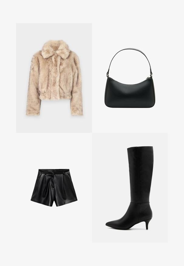 Krátka bunda z umelej kožušiny v svetlej béžovej farbe, s klopovým golierom a mäkkou, nadýchanou textúrou, dlhými rukávmi a priliehavým lemom.; Pruhovaná košeľa s gombíkmi v hnedej a bielej farbe, so zapínaním na dlhé rukávy, špicatým golierom a zakriveným spodným lemom. Textúrovaná tkanina s vertikálnymi pruhmi.; Čierne kožené šortky s vysokým pásom, so skladaním vpredu a bočnými vreckami. Hladká textúra s lesklým povrchom.; Anna Field Čižmy - black; Čierna kožená taška na rameno s zakriveným tvarom, jedným plochým popruhom a horným zipsom. Hladká textura s minimálnymi kovovými detailmi.