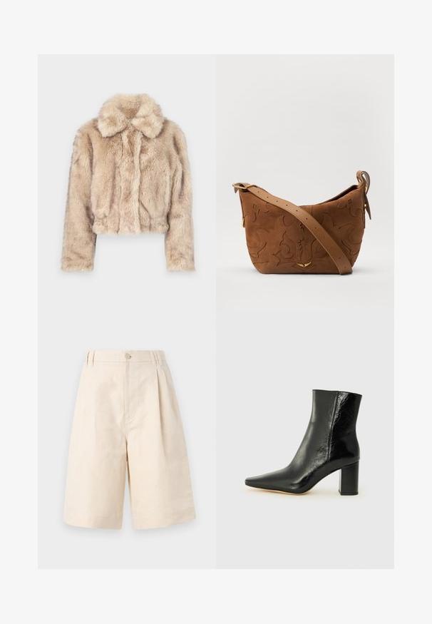 Šviesiai bežinė trumpa dirbtinio kailio striukė, su įpjovimu ant apykaklės, minkšta, pūkuota tekstūra, ilgomis rankovėmis ir aptemptu apvadu.; Ruda ilgų rankovių marškiniai su sagomis ir smailiais apykakle bei rankogaliais, išdėstyti prieš paprastą baltą foną.; Šviesiai rudų lino šortai su laisvu kirpimu, su mygtukų uždarymu, klostuotais raštais ir kelio ilgio kirpimu. Lygus audinys ir paprastas stilius.; Juodos kulkšninių botai, pagaminti iš blizgaus odos, su smailiu nosiu ir storo kvadratinio kulno. Išsiskiria lygiu paviršiumi ir minimalizmo stiliumi.; Ruda suedes pečių rankinė su išsiuvinėtu gėlės dizainu, papildyta lygiu ruduo odos diržu ir auksinės spalvos detalėmis.