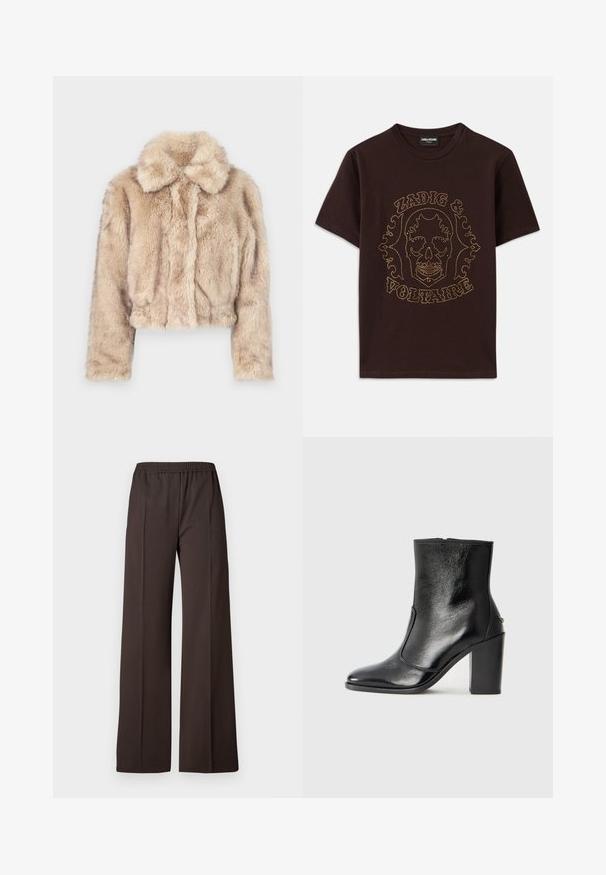 Jachetă scurtă din blană artificială, de culoare bej deschis, cu guler decupat și textură moale și pufoasă, cu mâneci lungi și tiv ajustat.; Tricou negru din bumbac, cu un grafic de craniu conturat în strasuri aurii, cu textul "Zadig & Voltaire", mâneci scurte și guler rotund.; Pantaloni largi dintr-o țesătură maro închis cu un tiv elastic, având o textură netedă și linii curate pentru un aspect elegant.; Botină din piele neagră, cu o textură netedă, vârf ascuțit și toc gros, înalt. Dispune de o deschidere laterală și un design minimalist.