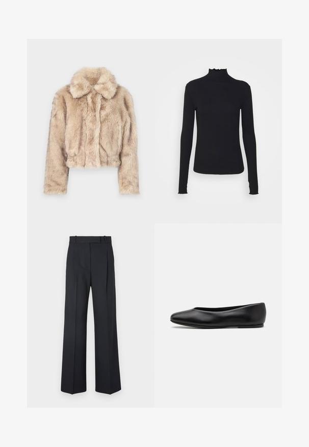 Krótkie sztuczne futro w jasnym beżu, z wyciętym kołnierzem, miękką, puszystą fakturą, długimi rękawami i dopasowanym dołem.; Czarny, długi rękaw, golf z gładkiego materiału, z falbaniastym kołnierzem i dopasowanym krojem z prostymi brzegami.; Ciemnoniebieskie spodnie w paski z wysokim stanem, szerokimi nogawkami i bez widocznych elementów metalowych lub ozdób. Gładka tekstura i dopasowany krój.; Paul Smith TOPANGA czarny