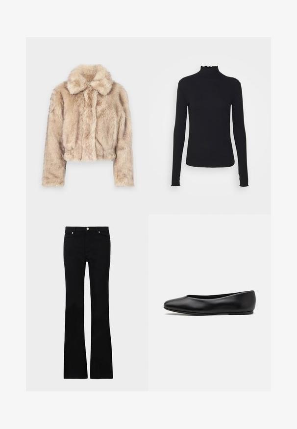 Kratka umetna krzna jakna v svetlo bež barvi, z izrezanim ovratnikom in mehko, puhasto teksturo, dolgimi rokavi in prilegajočim se robom.; Črn dolg rokav turtleneck zgornji del iz gladkega materiala, ki se ponaša z nabranim ovratnikom in prilegajočim silhueto s preprostimi robovi.; Črne zvonaste kavbojke iz denima, ki imajo dve sprednji žepi, gumbasto zapiranje in gladko teksturo. Oznaka zašite vidna na šivih.; Paul Smith TOPANGA - Balerinke - black