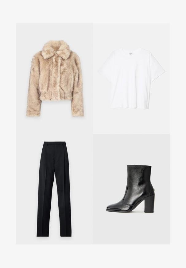 Casaco curto de pelo sintético em bege claro, com gola dentada e textura suave e fofinha, mangas longas e um acabamento ajustado.; T-shirt de algodão branco com mangas curtas, decote redondo, corte descontraído e bainha cosida. Etiqueta visível no interior do pescoço.; Calças pretas feitas de um tecido suave, com uma cintura alta, pernas largas, pregas frontais e passadores de cinto clássicos. Não há bolsos laterais visíveis.; Bota ankle preta em pele com uma textura suave, bico fino e um salto alto robusto. Apresenta uma abertura lateral e um design minimalista.