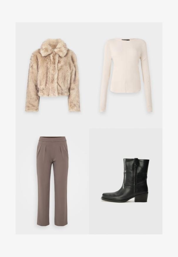 Cropped faux fur jacket in light beige, featuring a notched collar and soft, fluffy texture with long sleeves and a fitted hem.; Long-sleeve, light beige top with a round neckline. Made of soft fabric, features a central seam and slightly curved hem. No visible hardware.; Taupe loose-fit trousers with elastic waistband and front pleats, made from smooth fabric.; Black leather ankle boot with a rounded toe, block heel, side zipper, and stitching accents on the vamp. Smooth texture, classic design.