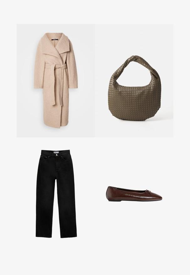 Cappotto in misto lana beige con design avvolgente, ampio colletto a risvolto e cintura coordinata. Texture morbida e silhouette svasata, lunghezza al ginocchio.; Maglione color crema realizzato in tessuto morbido, con scollo rotondo, maniche lunghe e orlo corto. Design semplice e minimalista.; Jeans in denim nero con taglio dritto, design a cinque tasche, bottone in metallo e passanti per cintura. Il tessuto ha una finitura opaca e non presenta motivi visibili.; Ballerine in pelle marrone con una superficie liscia, punta affusolata e un dettaglio a fiocco sulla parte anteriore, dotate di una suola bassa in gomma nera.; Borsa in oliva intrecciata con forma arrotondata e manico attorcigliato. La superficie testurizzata presenta un motivo diagonale. Chiusura con cerniera.