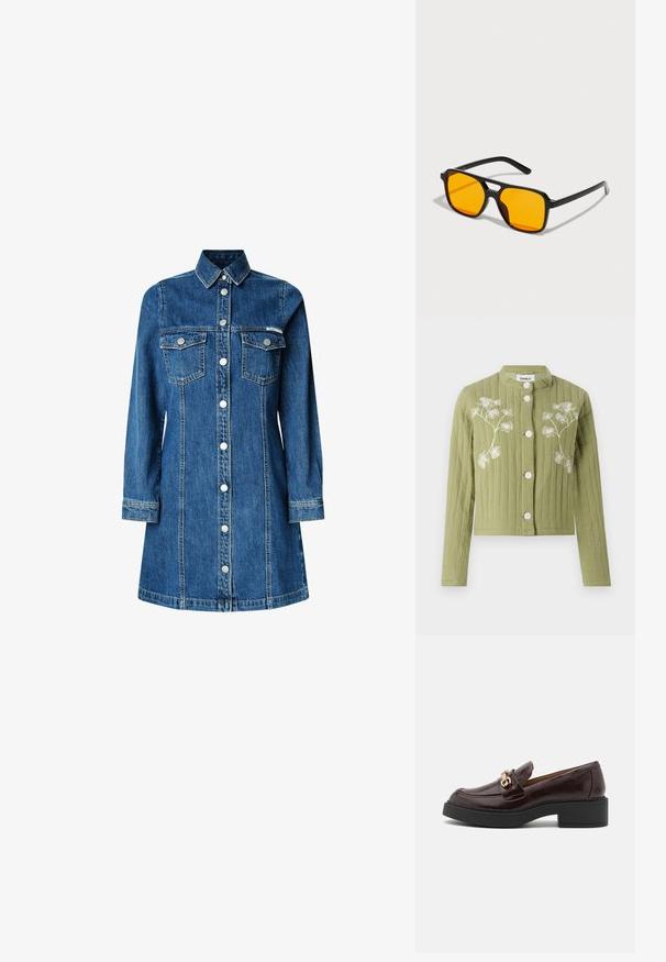 Grøn, kort jakke lavet af tekstureret stof med hvid blomsterbroderi. Har en standkrave og fire hvide knapper.; Denim skjortekjole, lange ærmer, knaplukning foran, to brystlommer, klassisk krave, mellemblå farve og lyse syninger.; Brune læder loafer med en guldaccent spænde, sort blokhælt og en glat tekstur. Sidevisningen viser en rund tå og stikninger.; Sorte rektangulære solbriller med dristige orange linser. Har et unikt brodesign og slanke arme, fremstillet af letvægtsmateriale.; Brun læder håndtaske med en blød, tekstureret pelslignende overflade, slank design, en kort hank og en aftagelig strop.