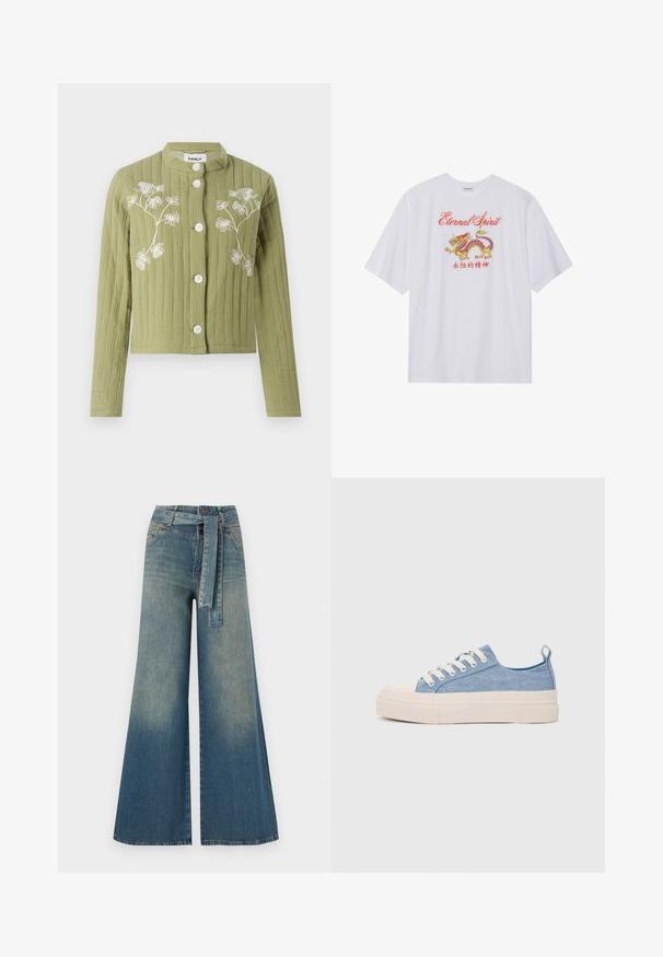 Jachetă verde, scurtă, dintr-un material texturat, cu broderie florală albă. Dispune de un guler în picioare și patru nasturi albi.; Tricou alb cu mânecă scurtă, cu un grafic de dragon roșu și galben, și textul "Spirit Etern". Fabricat din material ușor. Croială lejeră.; Pantaloni din denim largi, cu un gradient de la albastru deschis la albastru închis, talie înaltă, bucle pentru curea și o curea din același material. Finisaj texturat din denim.; Sneakers din pânză de culoare albastru deschis, cu vârf și talon din cauciuc crem, având șireturi albe și un maner pe călcâi.