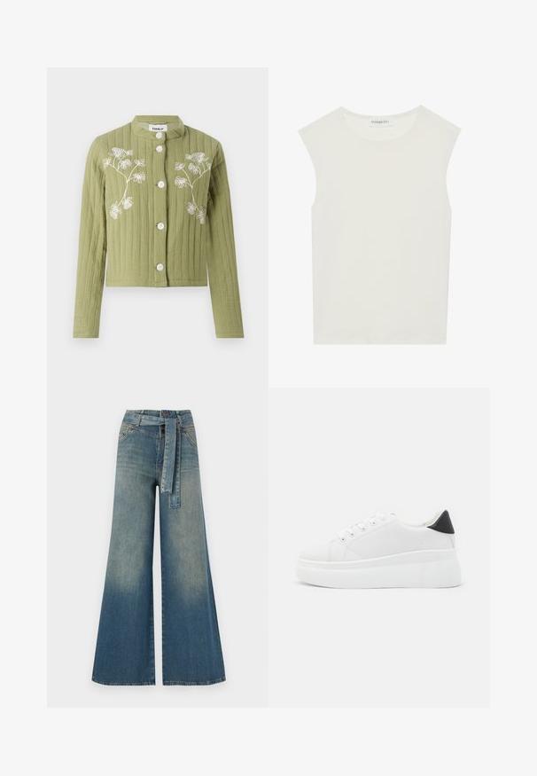 Green, cropped jacket made of textured fabric with white floral embroidery. Features a stand collar and four white buttons.; White sleeveless top with a round neckline. Made of smooth fabric, it features a relaxed fit and minimalist design. No patterns or accents.; Wide-leg denim trousers featuring a light to dark blue gradient, high waist, belt loops, and a matching fabric belt. Textured denim finish.; White platform sneakers made of smooth synthetic material, featuring a rounded toe, lace-up design, and a textured rubber sole. Black heel accent.