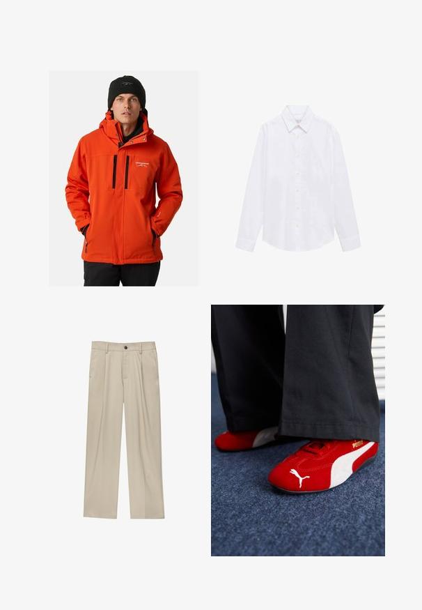 Helle orange, wetterfeste Jacke mit Reißverschluss vorne, Kapuze und zwei schwarzen Reißverschlusstaschen. Mit verstellbaren Bündchen und Logodetail.; Weißes Langarmshirt aus Baumwollstoff. Mit spitzem Kragen, Knopfverschluss und einfachen Manschetten. Minimalistisches Design ohne Muster.; Beige Hosen mit geradem Schnitt, ausgestattet mit einem einzelnen schwarzen Knopf, Gürtelschlaufen und Seitentaschen. Glatte Stofftextur und minimalistisches Design.; Rote Wildledersneaker mit weißen Akzenten, aus strukturiertem Material, mit runder Zehenpartie und einem goldenen Logo an der Seite, getragen mit schwarzen Hosen.
