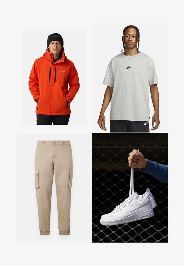 Helle orange, wetterfeste Jacke mit Reißverschluss vorne, Kapuze und zwei schwarzen Reißverschlusstaschen. Mit verstellbaren Bündchen und Logodetail.; Junge Person mit geflochtenem Haar, die ein hellgraues Nike-T-Shirt und schwarze Nike-Shorts trägt, vor einem einfarbigen weißen Hintergrund.; Beige Cargo-Hosen aus leichtem Baumwollmaterial. Mit elastischen Bündchen, mehreren Seitentaschen und einem Knopfverschluss.; Weiße Leder-Sneaker mit Perforationen, runder Zehenpartie, flacher Sohle und dicken Schnürsenkeln, mit sichtbar eingesticktem Swoosh-Logo und "AIR" an der Ferse.