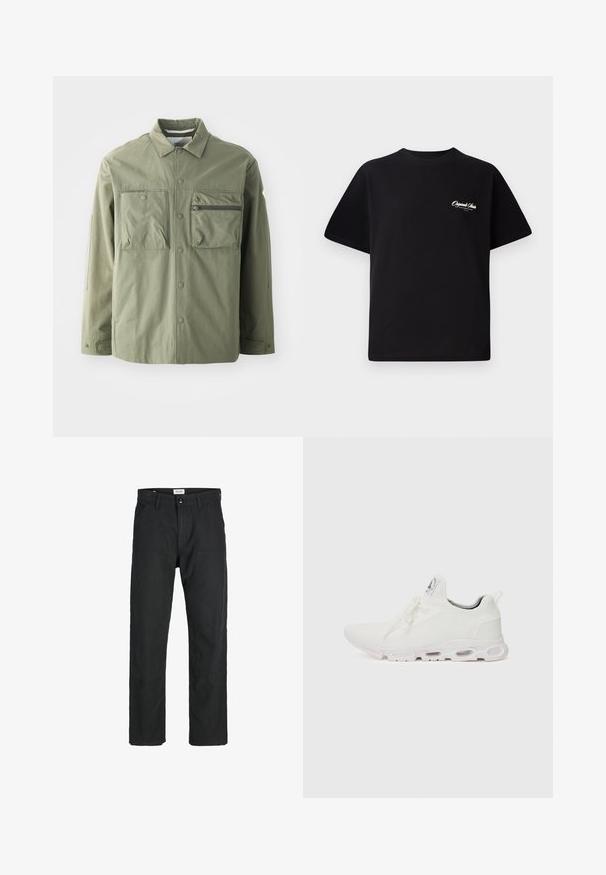 Maslinasto zelena jakna napravljena od lagane tkanine, s dugmetima sprijeda, dva velika džepa na prsima i zip-pokretom džepom s lijeve strane.; Crna pamučna majica s okruglim izrezom, kratkim rukavima i malim bijelim logotipom s lijeve strane na prsima. Jednostavan dizajn, klasičan kroj.; Crne hlače od izdržljivog materijala, s ravnim krojem, šivenim detaljima i dva prednja džepa za funkcionalnost.; Bijele atletske tenisice s gornjim dijelom od teksturiranog pletenog materijala, ravnim vezicama i jastučićem u potplatu s vidljivim zračnim komorama radi dodatne potpore.