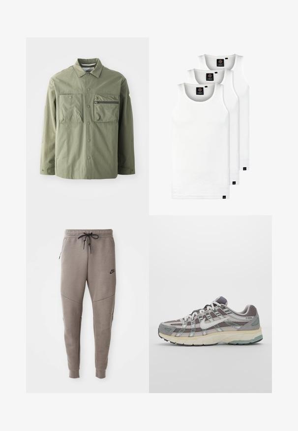 Vihreä oliivinvärinen takki, joka on valmistettu kevyestä kankaasta. Takissa on nappikiinnitys, kaksi suurta rintataskua ja vetoketjullinen tasku vasemmalla puolella.; Kolme valkoista ribbitekstiilistä toppia, jotka on valmistettu puuvillasta. Ominaisuuksiin kuuluu pyöreä pääntie ja pieni musta etiketti helman lähellä. Saatavilla useissa kooissa.; Harmaat Nike-juoksuhousut, joissa on kiristysnyöri vyötäröllä, kapeat lahkeet, sivutaskut ja erottuva sauman yksityiskohtaisuus. Pehmeä, tekstuuri kangas.; Harmaa urheilukenkä, jossa on verkko- ja mokkanahkainen yläosa, valkoiset yksityiskohdat, pehmustettu pohja ja erottuva muotoilu heijastavilla elementeillä.