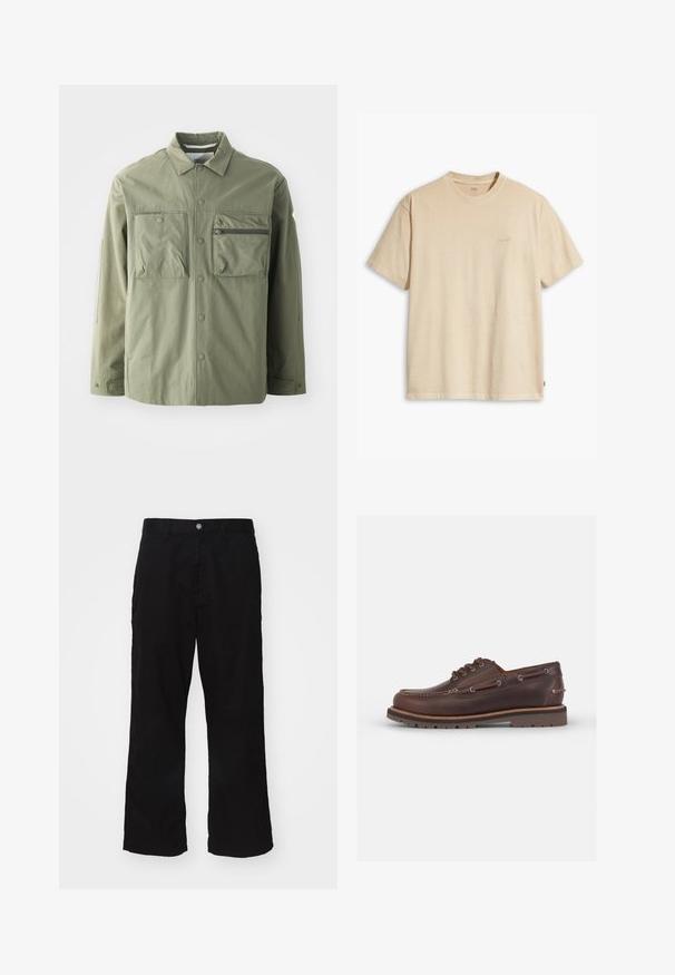 Olive zelena jakna iz lahkega materiala, z gumbom spredaj, dvema velikima žepoma na prsih in z zadrgo na levi strani.; Bež majica s kratkimi rokavi iz bombaža z okroglim izrezom. Na prsih ima subtilen logotip "Levi's" v isti barvi. Mehka tekstura.; Črne široke hlače iz mešanice bombaža, z zapiranjem na gumb in ravnim krojem ter minimalno vidnimi šivi.; Rjav usnjeni čolnasti čevljek s zaobljenim nosom, šestim odprtinam za vezanje, kontrastnim šivom in teksturiranim gumijastim podplatom.