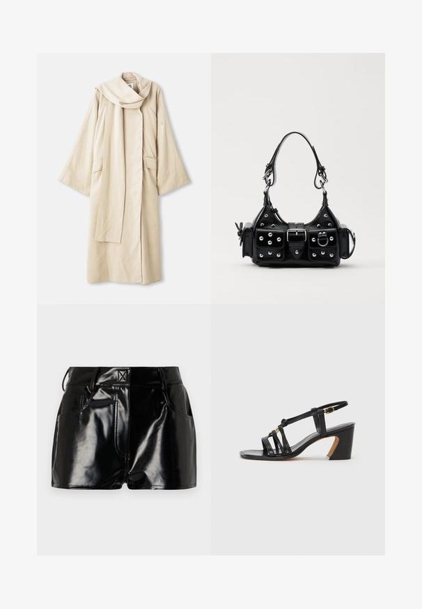 Rochie bej cu un design fluid și mâneci largi. Fabricată dintr-un material ușor, cu un guler mare și două buzunare frontale.; Body din material moale gri, cu mânecă lungă, decolteu rotund, închidere cu nasturi și tiv curbat pentru o potrivire strânsă.; Pantaloni scurți negri, strălucitori, din material sintetic. Prezintă o talie ajustată, bucle pentru curea și buzunare frontale cu detalii de cusătură proeminente.; Paul Smith AMIRA - Pantofi clasici cu toc - black; Geantă de piele neagră cu un design curbat, dotată cu studuri argintii, o cataramă și două buzunare laterale. Curea ajustabilă pentru opțiuni de transport.