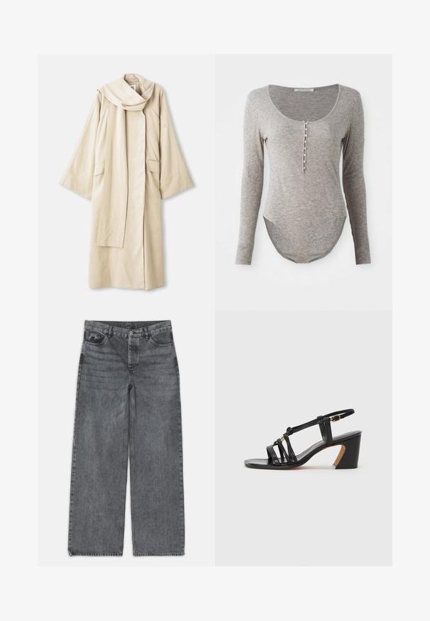 Bežinė chalatė su laisvu dizainu ir plačiomis rankovėmis. Pagaminta iš lengvos medžiagos, turi didelį apykaklę ir dvi priekinės kišenes.; Ilgų rankovių bodis švelnios pilkos medžiagos, su apvalia iškirpte, mygtukų uždarymu ir lenktu apatiniu kraštu, užtikrinančiu tvirtą prigludimą.; Platus kojų džinsai tamsiai pilko džinsinio audinio. Yra aukšta liemenė, penkių kišenių dizainas ir priekinis sagčių uždarymas. Lygus paviršius su subtiliu dėvėjimosi efektu.; Paul Smith AMIRA - Klasikiniai aukštakulniai - black