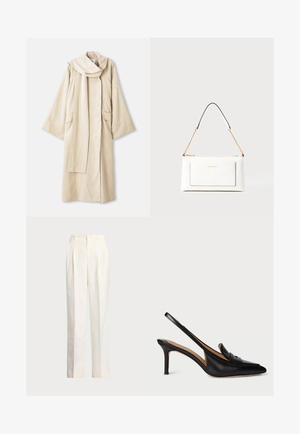 Beez žakett, millel on voolav disain ja laiad varrukad. Valmistatud kerge materjali, milles on suur krae ja kaks esist pocketit.; Valge puuvillane T-särk lühikeste varrukatega, ümar kaelus, sobiv disain ja sile tekstuur. Logo silt kaeluses.; Polo Ralph Lauren HEMP WIDE LEG PANT - Püksid - nevis; Mustad nahast slingback pump, millel on terav nina, madal konts ja dekoratiivne rihm üle jala. Sujuv tekstuur ja minimalistlik disain.; Valge nahast kott tekstureeritud viimistlusega, millel on kuldne kettling ja mustad aktsendid. Include eesmine tasku ja tõmblukk.
