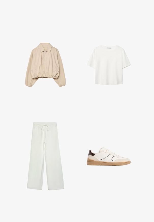 Beige Kurzjacke mit kragenähnlichem Ausschnitt, Reißverschluss und elastischem Saum. Aus einem glatten Stoff mit seitlichen Taschen gefertigt.; Weißes T-Shirt mit kurzen Ärmeln aus Baumwolle. Hat einen Rundhalsausschnitt und eine lockere Passform. Glatte Textur ohne sichtbare Muster oder Akzente.; Weiße, weit geschnittene Hose aus weichem Stoff. Mit einem elastischen Bund und einem Kordelzug sowie einer glatten Oberfläche. Keine sichtbaren Muster oder Hardware.; Stradivarius Sneaker low - white