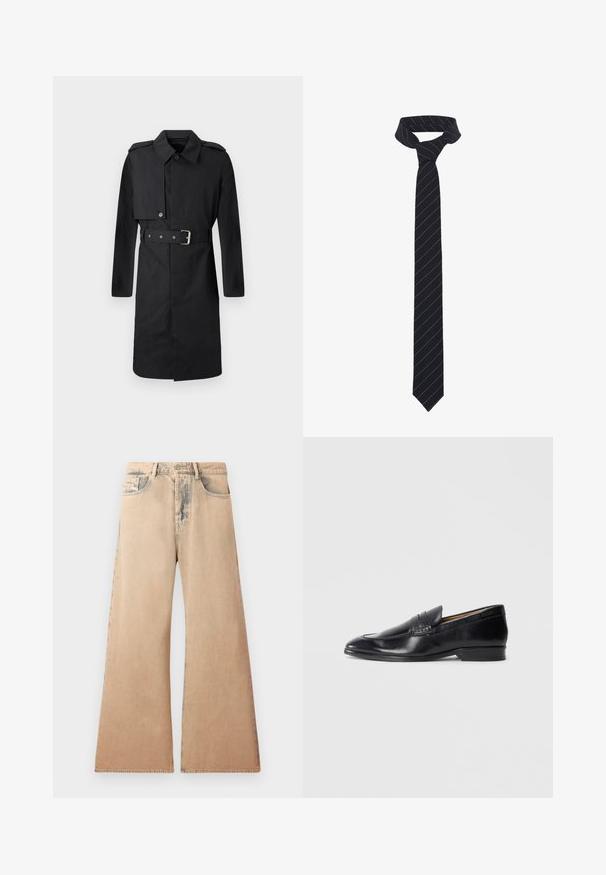 Crni kaput do koljena s remenom, dugmadima na preklopu na desnoj strani prsa i epauletama na ramenima, prikazan na bijeloj pozadini.; Bijela košulja dugih rukava od teksturiranog materijala, s klasičnim ovratnikom, prednjim jednorednim kopčanjem i ravnim rubom, s opuštenim krojem.; Bež traperice širokih nogavica s izblijedjelom teksturom, dizajnom s pet džepova i šavnim detaljima. Struk ima tradicionalno kopčanje s gumbom.; Crne kožne loafere s glatkom površinom, šiljastim vrhom i suptilnim detaljima šivanja. Imaju ravni potplat i utisnutu oznaku sa strane.; Crna leptir mašna s dijagonalnim plavim prugama, izrađena od glatkog materijala. Ima suženi kraj i čvorasti peteljku na vrhu.