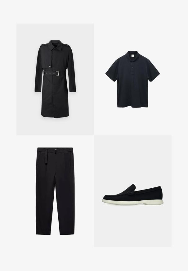 Czarny płaszcz do kolan z paskiem, z zapięciem na guzik na prawej piersi oraz pagonami na ramionach, prezentowany na białym tle.; Granatowa bawełniana koszulka polo z kołnierzykiem, dwoma guzikami, krótkimi rękawami i prostym dołem. Bez widocznych wzorów lub logo.; Czarne spodnie o prostym kroju, z szlufkami na pasek i odpinanym paskiem. Gładki materiał z bocznymi kieszeniami i bez widocznych wzorów lub elementów metalowych.; Czarny pantofel wsuwany z okrągłym noskiem, charakteryzujący się teksturowanym wierzchem, gładką białą podeszwą oraz subtelnym detalem z logo po boku.
