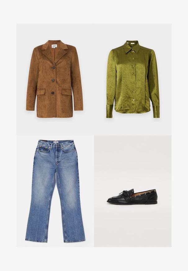 Rudas zomšinės švarkas su iškirpte, keturiais mygtukais, dviem priekinių kišenių ir siaurėjančiu siluetu. Lygus paviršius su minimalistiniu dizainu.; Alyvuogių žalios, ilgomis rankovėmis, su mygtukais užsegama bluzonė su smailiu apykakle ir šiek tiek blizgančiu, tekstūruotu audiniu ant vientiso fono.; RE/DONE LOOSE - Šiek tiek platėjantys apačioje džinsai - hacienda; Juodi odiniai loafai su surišta mazgeliu, su auksinėmis akytėmis šoninėse dalyse ir plokščiu guminiu padu. Lygus paviršius, klasikinis dizainas.