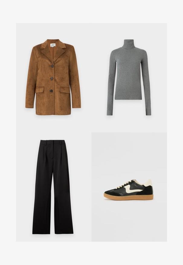 Blazer en suède marron avec un col cranté, quatre boutons, deux poches avant et une coupe ajustée. Texture lisse avec un design minimaliste.; Chandail col roulé gris en tissu lisse et élastique. Manches longues, design ajusté, texture minimale, sans motifs ni éléments métalliques visibles.; Pantalon large noir avec une texture lisse, comportant des plis avant, une taille plate et des passants de ceinture. Design simple et tailleur.; Baskets en daim et cuir noir avec un swoosh latéral crème et un talon crème clair. Dotées de lacets beige et d'une semelle en caoutchouc gomme.