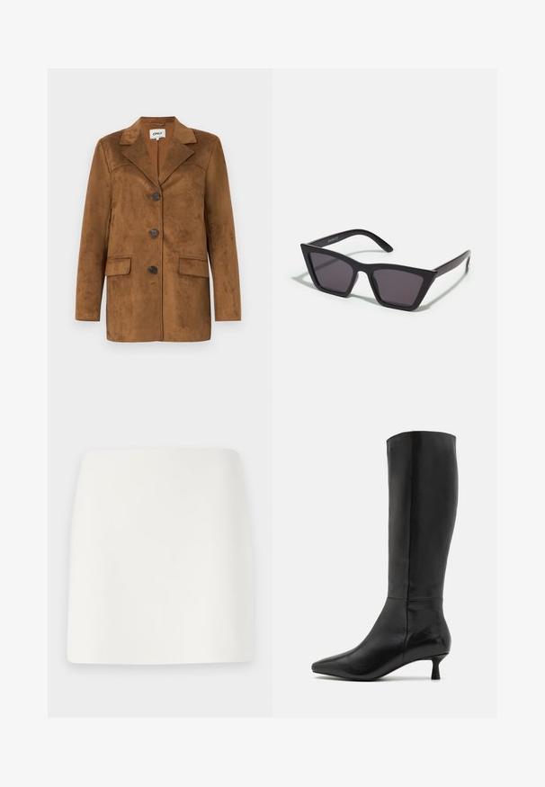 Blazer in pelle scamosciata marrone con revers a specchio, quattro bottoni, due tasche frontali e una vestibilità affusolata. Tessitura liscia con un design minimalista.; Maglietta nera a maniche lunghe aderente con collo a giro e una leggera texture, e un piccolo etichetta bianca del marchio all'interno del colletto.; Mini gonna bianca, aderente, con una texture liscia e linee pulite. Nessun motivo visibile o accessori. Orlo dritto sul fondo.; Zign Stivali alti - black; Occhiali da sole neri e angolari con lenti grigie; realizzati in plastica, con aste spesse dalla superficie liscia e senza hardware visibile.; Borsa a mano in pelle marrone con due manici robusti, forma rettangolare, texture liscia e chiusura con zip. Design minimalista senza motivi visibili.