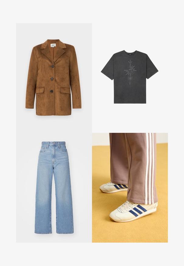 Blazer de ante marrón con solapa de muesca, cuatro botones, dos bolsillos frontales y un ajuste entallado. Textura suave con un diseño minimalista.; Camiseta de gran tamaño gris oscuro hecha de algodón, con un gráfico central de un sol con intrincados detalles lineales impresos en la parte frontal.; Jeans de tiro alto y pernera ancha en azul claro, con cierre frontal de botón y cremallera, y bolsillos delantero y trasero, sobre un fondo blanco.; Zapatillas de crema con rayas de ante azul, cordones blancos y suela de goma. Combinadas con pantalones de chándal grises que presentan rayas laterales blancas.