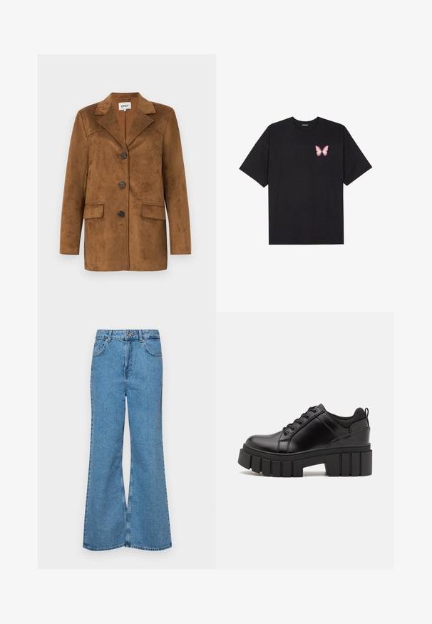 Bruine suede blazer met een notch lapel, vier knopen, twee voorkeurszakken en een getailleerde pasvorm. Glad van structuur met een minimalistisch ontwerp.; Zwarte katoenen t-shirt met korte mouwen, voorzien van een kleine roze vlinder graphic op de linkerkant van de borst. Crew neck ontwerp met een relaxte fit.; Lichtblauwe flared jeans van denim, met een hoge taille, vijf zakken en een enkele knoopsluiting. Zachte textuur met een vervaagde afwerking.; Zwarte leren platform schoenen met een stevige blokhak, ronde neus en een traditionele vetersluiting. Kenmerkt zich door een gladde textuur en minimale details.