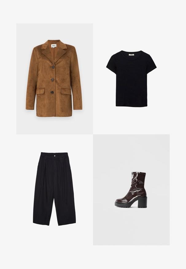 Smeđi suknjeni blejzer s oštrim reverima, četiri dugmeta, dva prednja džepa i suženim fitom. Glatka tekstura s minimalističkim dizajnom.; Crna majica kratkih rukava od mekanog materijala. Ima klasični okrugli izrez i opušteni kroj. Bez vidljivih uzoraka ili akcenta.; Crne poliester hlače culotte s elastičnim pojasom, dva prednja nabora i širokim krojem. Nema vidljivih uzoraka ili metalnih detalja.; Sjajna burgundska čizma do gležnja s debelim crnim potplatom, koja se odlikuje glatkom teksturom i jednostavnim dizajnom. Nema vidljivih kopčanja ili uzoraka.