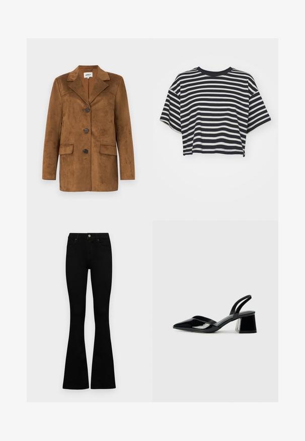 Barna velúr blézer, lekerekített hajtókával, négy gombbal, két elülső zsebbel és karcsúsított fazonnal. Simára csiszolt textúra, minimalista dizájn.; Csíkos, rövid fazonú póló sötétkék és fehér színben. Rövid ujjú, kerek nyakkivágású, puha anyagból készült, vízszintes csíkokkal és laza szabással.; Fekete, magas derekú farmernadrág gomb- és cipzárzárral, elülső zsebekkel és harangszárral, laposan egy fehér háttérre terítve.; Fekete lakk bőr szandálkés magas sarkú cipő, hegyes orral és geometrikus tömbsarkakkal. Karcsú, minimalista dizájn és sima textúra jellemzi.
