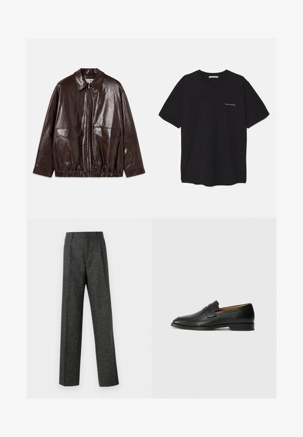 Rjava usnjena jakna z zadrgo spredaj, velikimi žepi na prsih in elastičnim pasom. Ima koničast ovratnik in gladko teksturo.; Črna bombažna majica s kratkimi rokavi in okroglim ovratnikom, z belim logotipom natisnjenim na levi prsni strani. Preprost, enobarven dizajn.; Sive krojene hlače iz teksturirane tkanine, ki imajo dva sprednja nabora in ravno kroj. Brez vidnih žepov ali okrasnih elementov.; Črne usnjene loferice z zaobljenim prstom, subtilnim šivanjem in nizkim petam, ki se odlikujejo po gladki teksturi in minimalističnem oblikovanju.