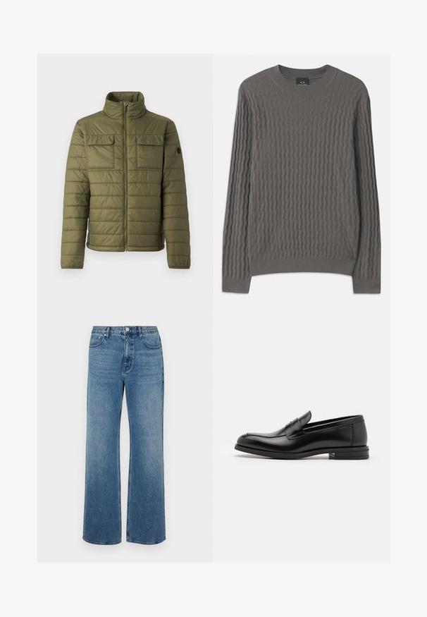 Olive green padded jacket featuring a high collar, two chest pockets, and vertical quilted pattern. Zipper closure and logo accent on sleeve.; Armani Exchange Jumper - dark gull zig zag; Wide-leg blue jeans made of denim with a faded finish. Features five pockets, a front button closure, and a straight cut.; Black leather loafers with a smooth texture, rounded toe, and a decorative strap across the vamp. Low stacked heel, minimalist design.
