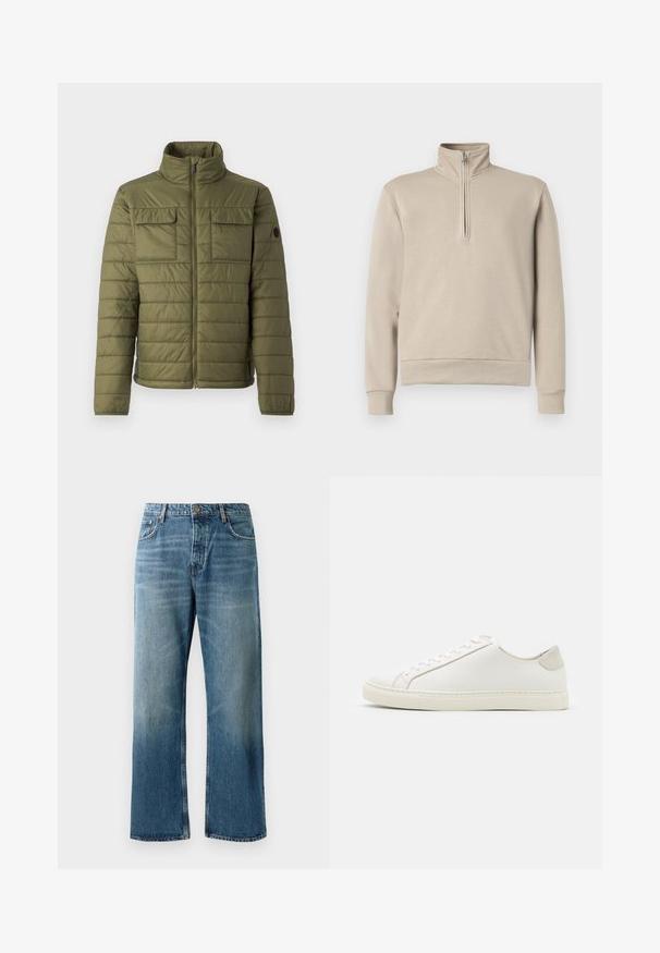Olivenfarvet polstret jakke med høj krave, to brystlommer og lodret quiltet mønster. Lynlås-lukning og logo-detalje på ærmet.; Beige mock neck sweatshirt med halv-zip foran, lange ærmer og ribbede manchetter og kant. Blød stofstruktur, minimalistisk design.; Mørkegrøn langærmet henley skjorte lavet af bomuld, med rund halsudskæring, fem hvide knapper og ribbede manchetter. Glat tekstur.; Lysblå brede jeans med en falmet vask, prydet med enkeltknaplukning, fem lommer og kontrastsyede detaljer.; Hvide lædersneakers med en glat overflade, rund tå og minimalistisk design. Funktioner i beige nuancer på hælen og en gummisål.