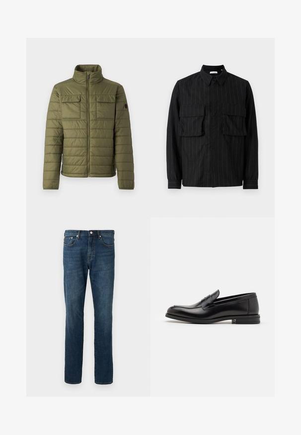 Olijfgroene gewatteerde jas met hoge kraag, twee borstzakken en verticale quiltstructuur. Ritsluiting en logo-accent op de mouw.; Zwarte langarmat shirt met verticale streepjes, twee borstzakken, een kraag en knoopsluiting. Zacht, gestructureerd stof.; Donkerblauwe denim jeans, rechte pijpen, vijf zakken, knoopsluiting, met subtiele vervaging en stikseldetails. Soepele textuur.; Zwarte leren instappers met een gladde textuur, ronde neus en een decoratieve band over de wreef. Lage, gestapelde hak en minimalistisch ontwerp.