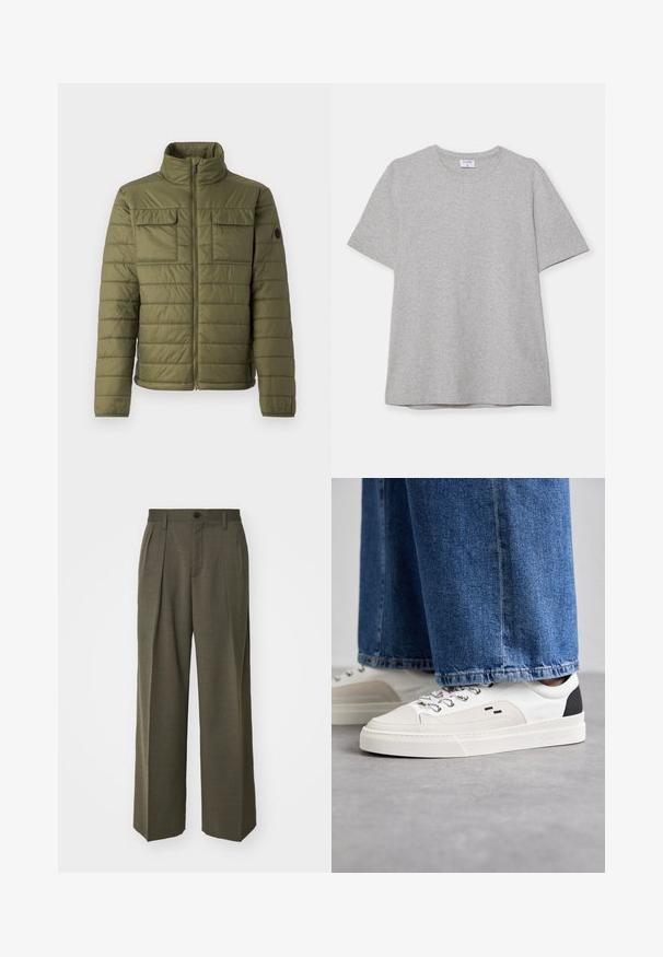 Olivno zeleni podloženi jopič s visokim ovratnikom, dvema žepoma na prsih in navpično prešito vzorcem. Zadrga in logotip na rokavu.; Siva kratka majica s kratkimi rokavi, narejena iz mehke, teksturirane tkanine. Ima klasičen okrogli ovratnik in ravno spodnjo rob, primerna za vsakdanje nošenje.; Filippa K WIDE TROUSERS - Hlače - driftwood; Bela in črna športna obuvala z gladkim usnjenim zgornjim delom, teksturiranimi detajli in masivnim belim podplatom. Imajo klasičen dizajn z vezalkami.