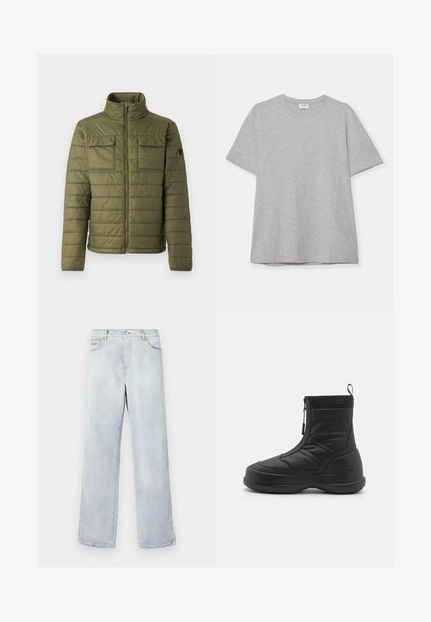 Olivgrüne gepolsterte Jacke mit hohem Kragen, zwei Brusttaschen und vertikalem Steppmuster. Reißverschluss und Logo-Akzent am Ärmel.; Graues T-Shirt mit kurzen Ärmeln aus weichem, strukturiertem Stoff. Verfügt über einen klassischen Rundhalsausschnitt und einen geraden Saum, geeignet für legere Trageanlässe.; Hellblaue Jeans aus Denim mit geradem Bein, ausgestattet mit einem Knopfverschluss, fünf Taschen und Kontrastnähten.; Schwarzer wasserdichter Schneestiefel mit einem glatten synthetischen Obermaterial, Reißverschluss, gepolstertem Kragen und strukturiertem Gummisohle. Mit "MOON BOOT" Branding akzentuiert.