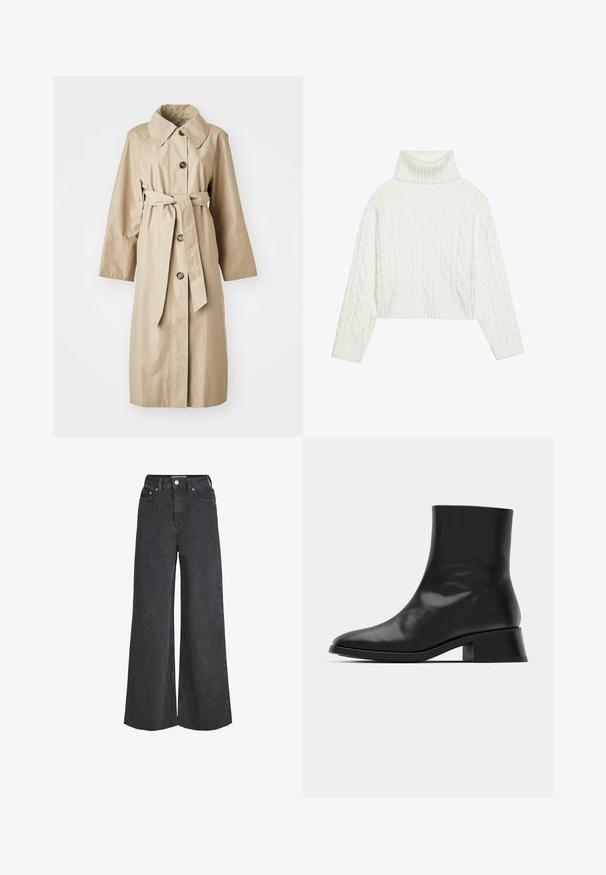 Sima anyagú bézs trench coat, széles gallérral, négy barna gombbal, övvel a deréknál és hosszú, laza ujjak.; Fehér kötött garbó pulóver, cropped fazonnal, bordás ujjak és alj található rajta. Puha tapintású, kényelmes, vastag dizájnnal.; Magas derekú fekete, bőszárú farmernadrág elülső gombbal és cipzárral, öt zsebbel és nyers széllel.; Fekete bokacsizma fényes bőrből, karcsú dizájnnal, hegyes orral és mérsékelt tömbsarkal a stabilitás érdekében.