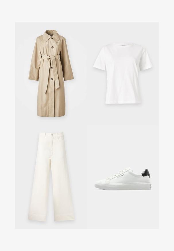 Casaco trench bege feito de tecido suave, com um colarinho largo, quatro botões castanhos, um cinto na cintura e mangas longas e largas.; T-shirt de algodão branco com mangas curtas, decote redondo e um corte descontraído. Textura suave, sem padrões ou detalhes, design minimalista.; Calças largas em algodão bege claro. Apresentam uma cintura alta, bolsos frontais e um corte reto. Acabamento de bainha limpo, sem padrões.; Sapatilha branca com acabamento liso, detalhe preto no calcanhar e design com atacadores. Apresenta a marca "Calvin Klein" na lateral. Estilo minimalista.
