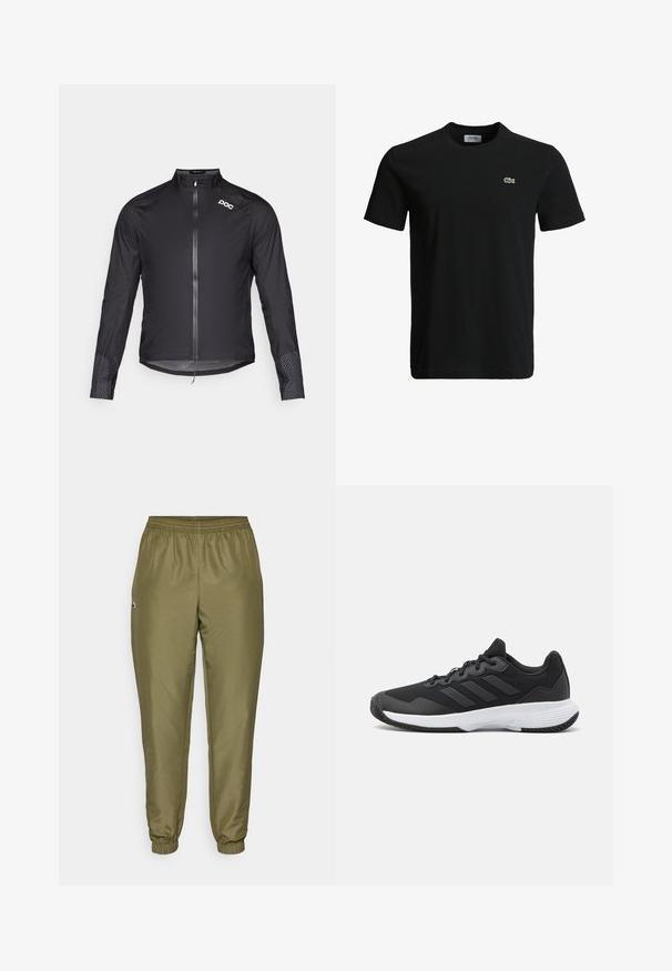 POC HAVEN RAIN JACKET - Windjack - uranium black; Zwart katoenen t-shirt met een ronde hals, korte mouwen en een klein groen krokodillenlogo op de linkerborst. Vloeiende textuur, casual ontwerp.; Olijfgroene joggers met een elastische tailleband, taps toelopende boorden en een klein logo-detail. Gemaakt van een gladde, lichte stof.; Zwarte sportieve schoen met een gestructureerde bovenkant, drie horizontale strepen en een witte zool met een gepatternde loopvlak. Lichtgewicht en gestroomlijnd ontwerp.